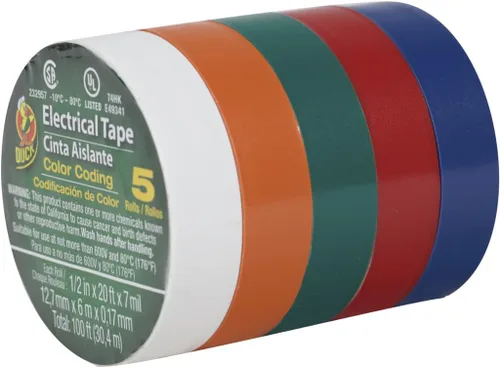 Duck Cinta eléctrica de colores de marca, 1/2 pulgada por 20 pies, paquete de 5 rollos, multicolor (299020)