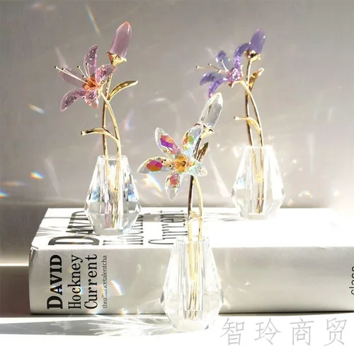 Miniatura 4 de Flores de lirio de tigre de cristal con jarrón de cristal, tallo de metal, lirio rosa, regalos coleccionables para mujeres, figuras florales
