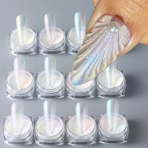 Miniatura 8 de WOKOTO Polvo de uñas de cromo perla blanca para arte de uñas, efecto espejo holográfico Aurora, polvo cromado, concha iridiscente, pigmento de arte