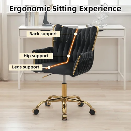 Miniatura 7 de ABET Silla de Escritorio de Terciopelo con Ruedas, Linda Silla de Oficina Giratoria Tapizada, Moderno Sillón Rodante Dorado Tejido a Mano con Altura