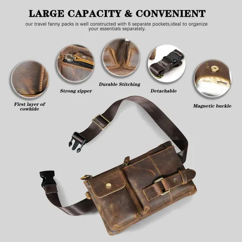 Miniatura 6 de Riñonera de lona resistente al agua + cuero para senderismo, viajes, riñonera pequeña para hombres y mujeres FB811-29, X-8135-100% Cuero