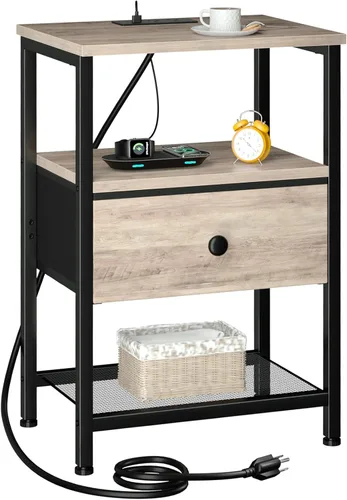 Miniatura 10 de LOAKEKEL Mesita de noche, mesita de noche con estación de carga, mesa auxiliar con almacenamiento 2 cajones de tela para dormitorio, mesa auxiliar