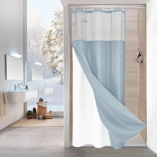 Miniatura 37 de MitoVilla Cortina de ducha pequeña beige de 36 x 72 pulgadas, juego de cortina de ducha de tela de punto gofre de tamaño medio estrecho con forro