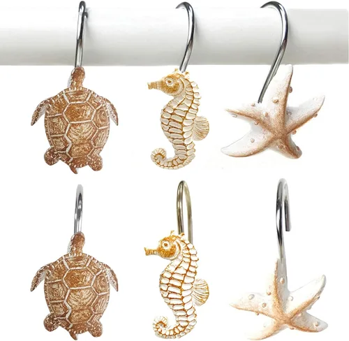 Miniatura 7 de YUKUNTANG Seashell - Ganchos para cortina de ducha, 12 piezas de anillos de cortina de ducha de resina decorativa antioxidante para baño, Concha