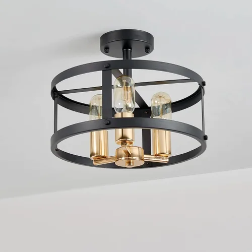 Miniatura 2 de AGV LIGHTING Lámpara de techo semiempotrada de granja, 3 luces cerca del techo, acabado dorado brillante y negro mate