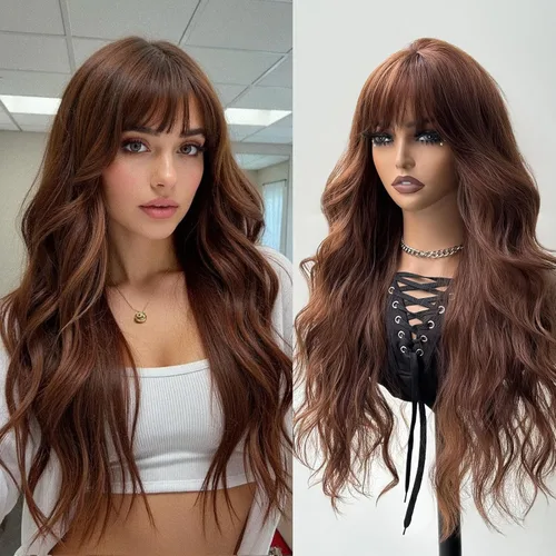 Miniatura 12 de topshe Peluca ondulada de color rubio ceniza con flequillo, cabello sintético resistente al calor para mujeres, capas de mariposa preestilizadas