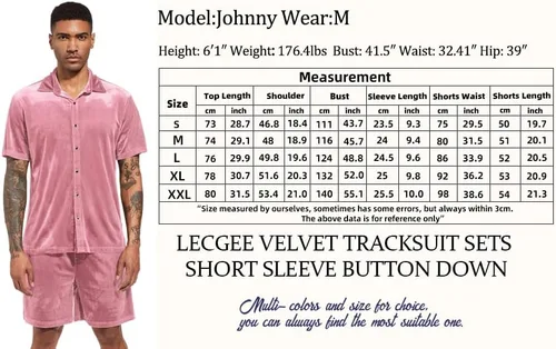 Miniatura 6 de LecGee Conjunto de pantalones cortos casuales de verano para hombre, camisa de terciopelo de manga corta con botones, pantalones cortos de cintura