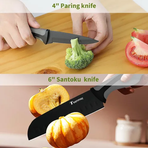 Miniatura 6 de Juego de 4 cuchillos Santoku de 6 pulgadas, cuchillo de pelar de 4 pulgadas, tijeras de cocina, pelador en Y, revestimiento antioxidante, afilado