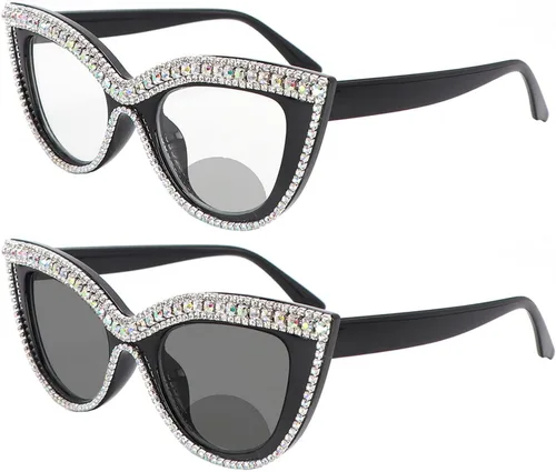 Miniatura 10 de helena Gafas de lectura bifocales fotocrómicas de transición invisible para mujer, lentes de sol de cristal con diamantes de imitación brillantes