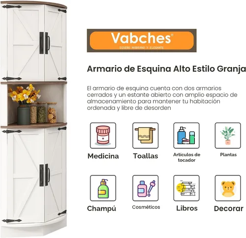 Miniatura 5 de Vabches Armario esquinero de 64.8 pulgadas de alto con 4 puertas y 5 estantes de almacenamiento, armario de almacenamiento de granja con diseño