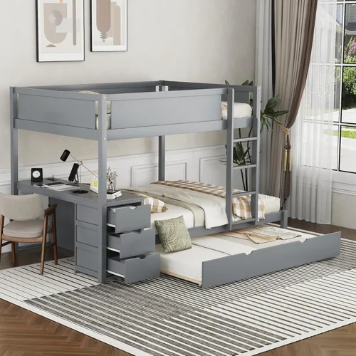 Miniatura 8 de Litera de tamaño matrimonial con escritorio debajo de la cama, cama nido de tamaño individual y cajones de almacenamiento, no necesita somier Blanco