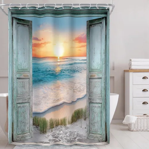 Miniatura 18 de Riyidecor Cortina de ducha para puerta de granero verde azulado para decoración de baño, 36 pulgadas de ancho x 72 pulgadas de alto, paisaje
