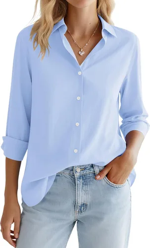 Miniatura 31 de LOMON Camisa de Botones para Mujer Tops de Primavera Verano Manga Larga Negocios Elegante Casual Blusas con Cuello Conjuntos de Trabajo Ropa