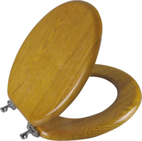 Angel Shield - Asiento de inodoro de chapa de madera natural con bisagras de metal, fácil de limpiar, antiarañazos, estándar americano (redondo,