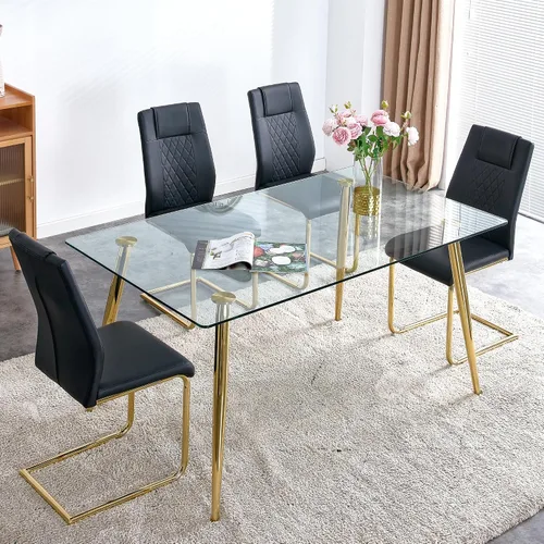 Miniatura 24 de Juego de mesa de comedor en blanco y negro de 51 pulgadas para 4, mesa de cristal minimalista moderna y 4 sillas tapizadas de piel sintética