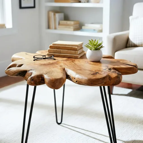 Miniatura 10 de WELLAND Mesa de Café de Cedro con Borde Vivo 81.3 cm x 81.3 cm x 52 cm Mesa Redonda Rústica para Sala de Estar, Patio, Dormitorio, Oficina en Casa
