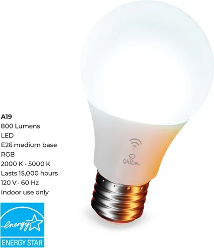Miniatura 10 de GLOBE Electric 50589 Bombilla LED inteligente A19 que cambia de color, WiFi de 2.4 GHz, equivalente a 60 W, 800 lúmenes, funciona solo con Alexa, 1