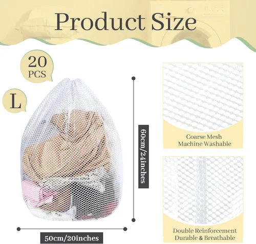 Miniatura 2 de 20 bolsas de malla para lavandería a granel con cordón de 20 x 24 pulgadas, bolsa de malla blanca resistente lavable a máquina, resistente bolsa