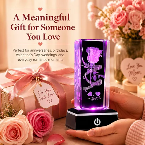 Miniatura 2 de Regalos románticos para él y ella, regalo del día de la madre para esposa, luz nocturna de cristal de amor 3D con base LED multicolor, regalo