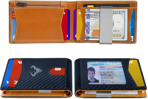 Miniatura 4 de Cartera Bulliant fina para hombre, cartera de piel para hombre con bolsillo delantero para tarjetas, 7 x 10 x 27cm (3" x 4.3"), 11 tarjetas+clip