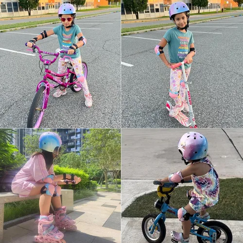 Miniatura 7 de Casco para niños con rodilleras, coderas y protectores de muñeca, equipo de protección para niños de 3 a 5-8 años para niños y niñas, apto para Rosa