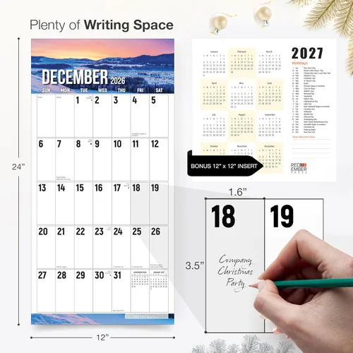 Miniatura 5 de RED EMBER The Big Grid - Calendario de pared 2026 Seasons in Nature de 12 meses 12 x 24 pulgadas abierto Regalo de vacaciones Calendario