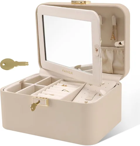 Joyero mejorado, organizador de joyas de piel sintética de 2 capas para mujer con cerradura y espejo, gancho oculto para collar y divisor extraíble,