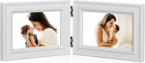 Miniatura 11 de Marco de fotos doble horizontal con bisagras plegable de 4 x 6 pulgadas en madera de pino negro con vidrio real para mesa X3-HEI-2H46