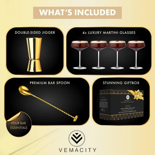 Miniatura 2 de VEMACITY - Juego de 4 vasos de Martini Espresso de lujo Vasos Coupé de 10 onzas con bordes dorados para champán, Cosmopolitans - Incluye jigger