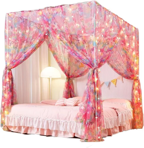 Miniatura 25 de Mengersi Cortina para Dosel de Cama Princesa, con 4 Esquinas, Dosel con Mosquitero para Cama de Princesa (Blanco, Doble)