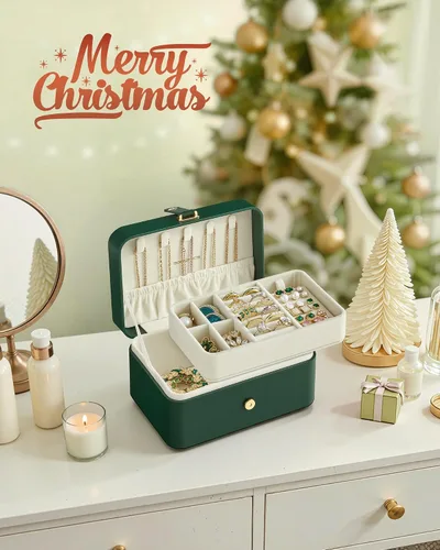Miniatura 2 de SONGMICS Caja organizadora de joyas, estuche de viaje de 2 capas para aretes, collares, pulseras, almacenamiento portátil de joyas con gran Verde