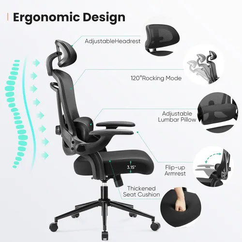 Miniatura 5 de DUMOS Silla de oficina ergonómica, reposacabezas ajustable y soporte lumbar, brazos abatibles, capacidad de 330 libras (negro clásico)