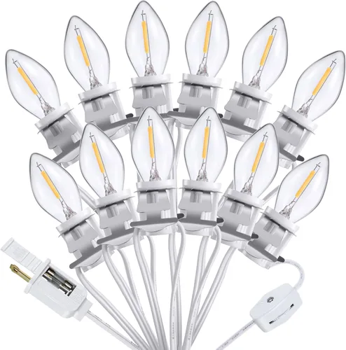 Meonum Cable de accesorios con 12 bombillas LED, cable de luz C7 de aldea navideña con dos fusibles de repuesto, tira de luces de molde de soplado