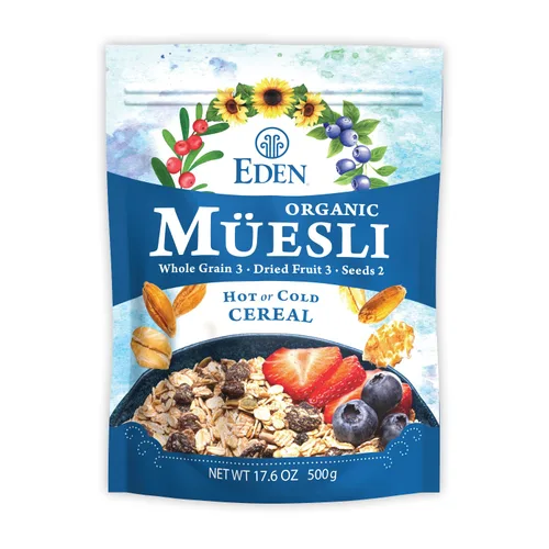 Eden Cereal Muesli Orgánico, Cómelo Caliente o Frío, Copos de Avena, Centeno, Trigo y Espelta, Pasas, Arándanos Rojos, Arándanos Azules Silvestres,
