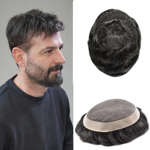 Miniatura 51 de Mens Toupee Hair Piece Real Human Hair Fine Mono Toupee para hombres Sistema de reemplazo de cabello para hombre Postizo Protesis Capilar Para