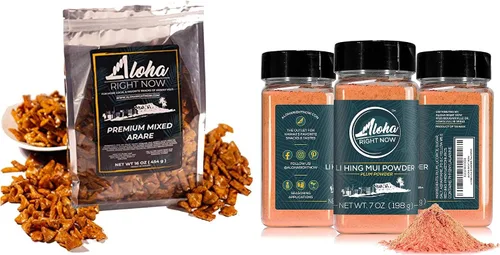 Aloha Right Now Galletas de arroz arare mixtas prémium Mochi Crunch estilo japonés hawaiano mezcla asiática de 1 libra 16 onzas y polvo Li Hing Mui