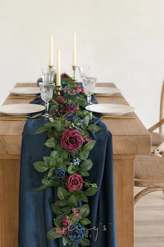 Miniatura 2 de Ling's moment Guirnalda de Flores Artificiales de 5 Pies en Color Burdeos Arco Floral Azul Marino Centro de Mesa Rosa y Hojas para Bodas Fiestas