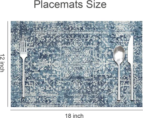 Miniatura 4 de Juego de 4 manteles individuales color azul bohemio para interiores, tela de lino étnica, lavables, resistentes al calor, para mesas de cocina