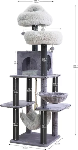 Miniatura 2 de Catry Bradbury - Árbol para gatos moderno de 7 niveles y 62.5 pulgadas con postes rascadores reemplazables, condominio grande, dos camas lavables