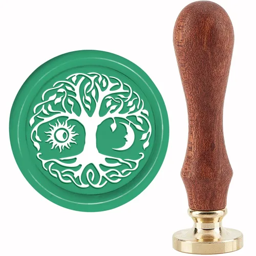 CRASPIRE Sello de cera con diseño de luna y sol, diseño de árbol de la vida, vintage, 1.181 in, cabeza de latón extraíble de madera retro para