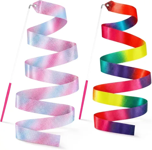 YGEOMER Ribbon Wands, 12pcs Rainbow Gymnastics Ribbons for Kids, Twirling Dance Sticks for Artistic Dancing, Talent Shows & Birthday Party Props