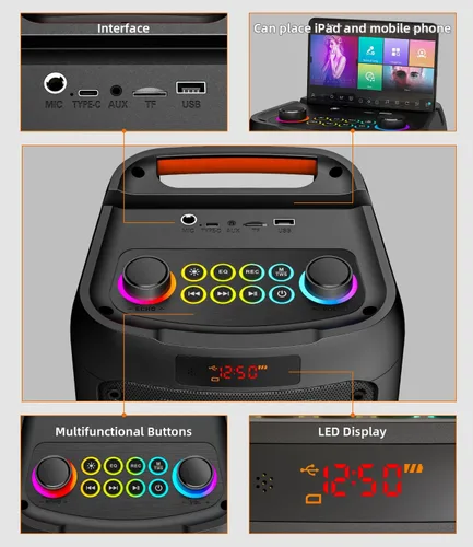Miniatura 9 de Máquina de karaoke con 2 micrófonos inalámbricos, sistema PA portátil con luces LED, Bluetoot 5.3, altavoz de fiesta compatible con tipo C, USB