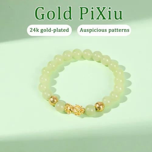 Miniatura 4 de Feng Shui Wealth Lucky Bracelet with Light Green Real Jade Bracelet for Women Men, 24K Gold Plated PiXiu Dragon Protection Bracelet Mantra Prayer