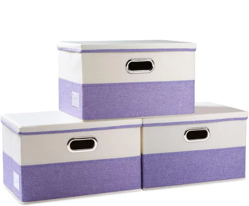 Miniatura 68 de PRANDOM Contenedor de almacenamiento plegable con tapa [1 unidad] Caja de almacenamiento decorativa de tela de lino, cesta organizadora con asas