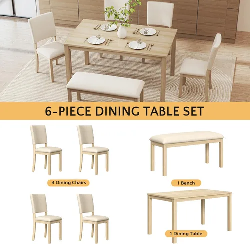 Miniatura 4 de Zevemomo Juego de mesa de comedor de madera maciza de 6 piezas, incluye 1 mesa de comedor, 4 sillas tapizadas y 1 banco, juego de mesa de comedor