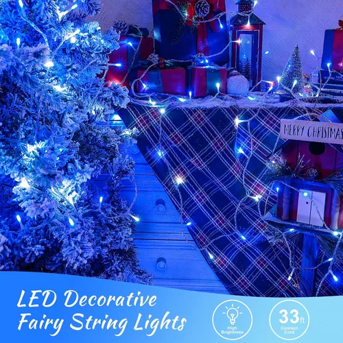Miniatura 6 de 100 luces LED de Navidad, 33 pies, luces de cadena extensibles de 8 modos, impermeables para exteriores, luces de hadas parpadeantes enchufables