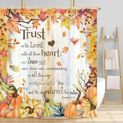 Miniatura 9 de NYMB Cortina de ducha de Navidad, bola de Navidad con ramas de pino con citas inspiradoras Trust in The Lord, cortina de baño de madera rústica