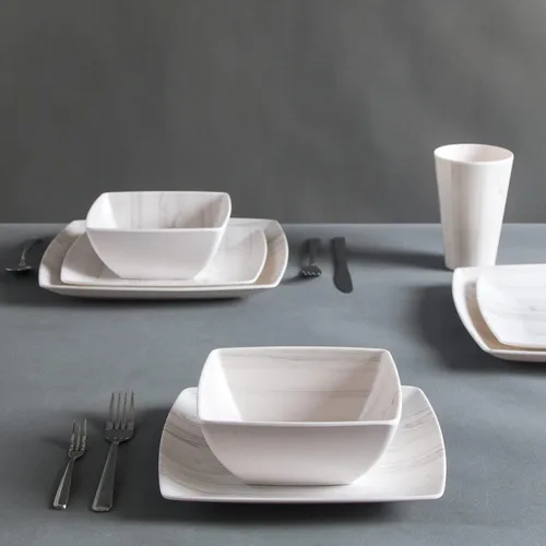 Miniatura 4 de Juego de vajilla de melamina de 16 piezas con aspecto de madera, tazas cuadradas, vasos de madera de grano de madera, platos de plástico