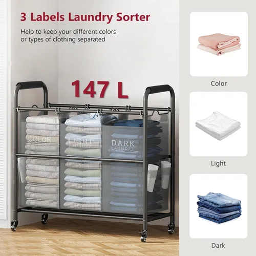 Miniatura 4 de Tajsoon Carrito clasificador de ropa sucia de 3 bolsas, cesta clasificadora de cestas de lavandería con ruedas resistentes con cerradura