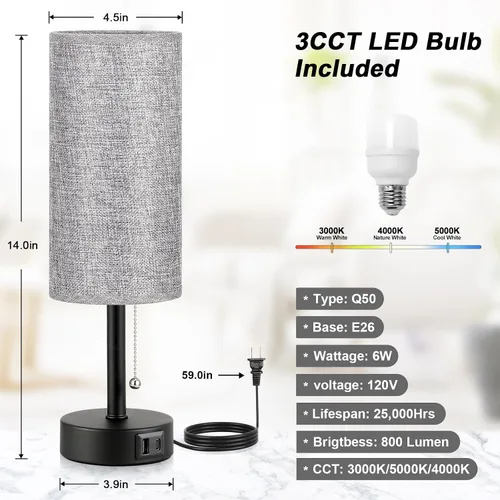 Miniatura 8 de Juego de 2 lámparas de noche grises para dormitorio, lámpara de mesa de noche con puerto de carga USB A + C, 3 temperaturas de color, cadena